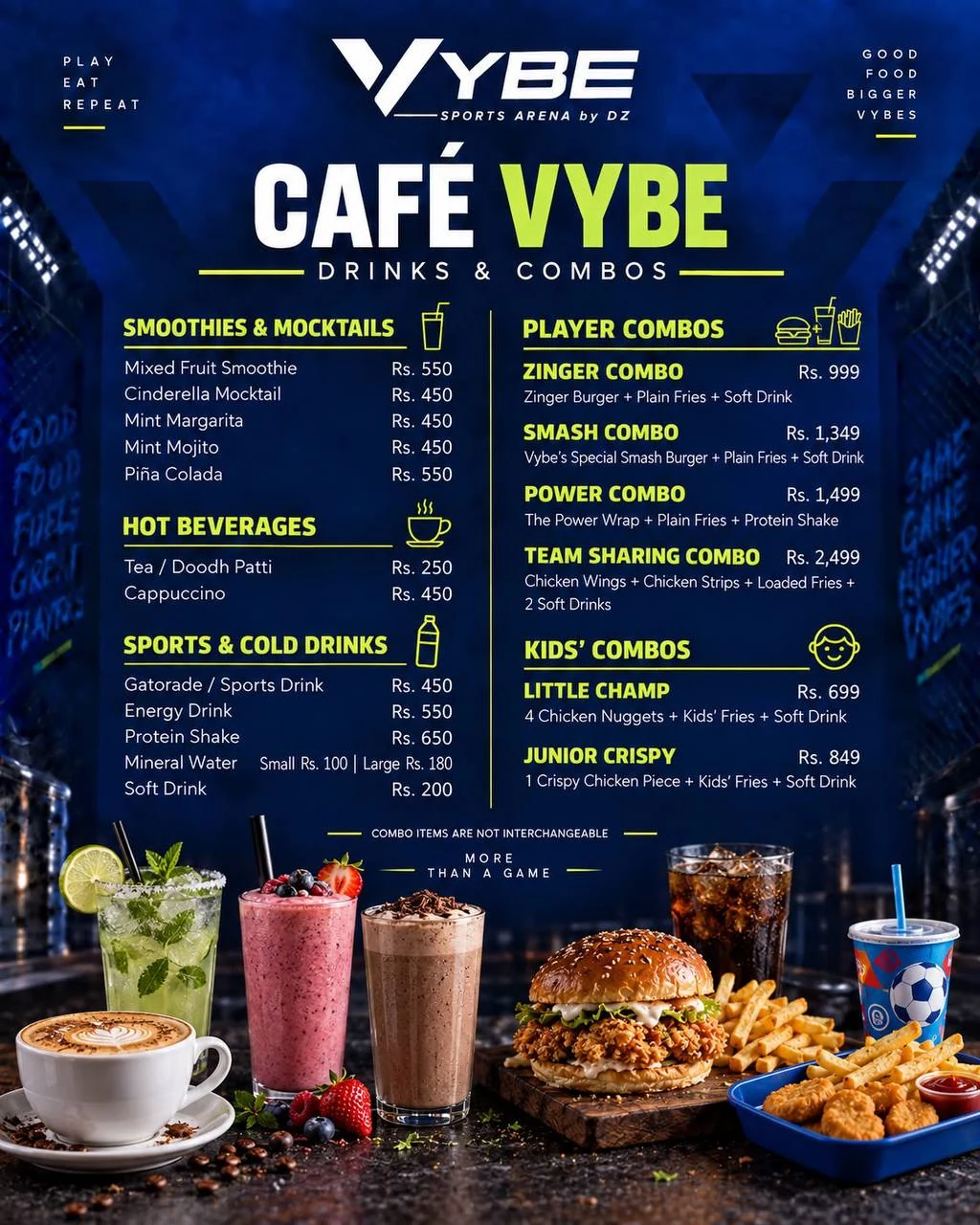 Café Vybe drinks and combos menu — smoothies, hot drinks, sports drinks and player combos