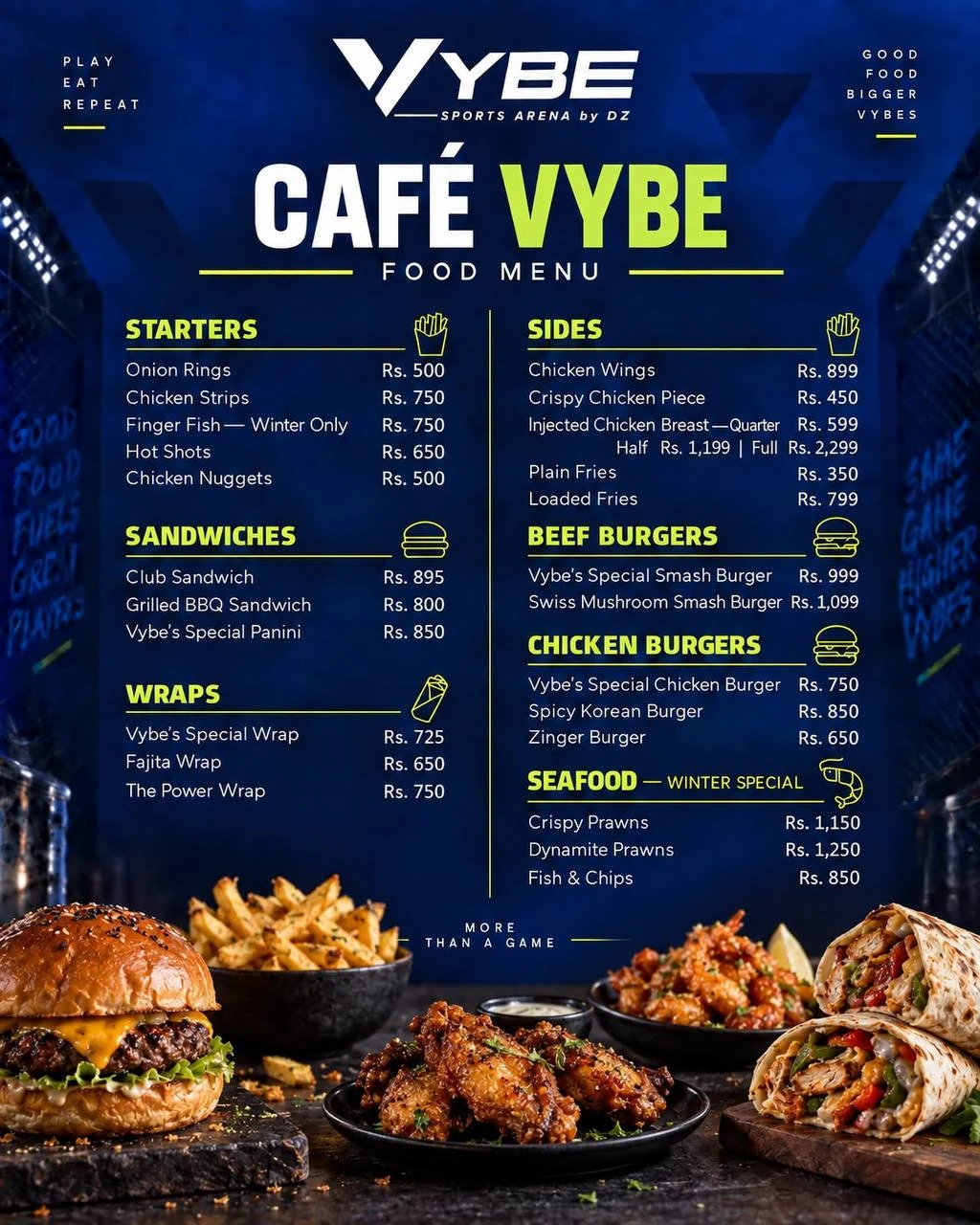 Café Vybe food menu — starters, sandwiches, wraps, sides, burgers and seafood